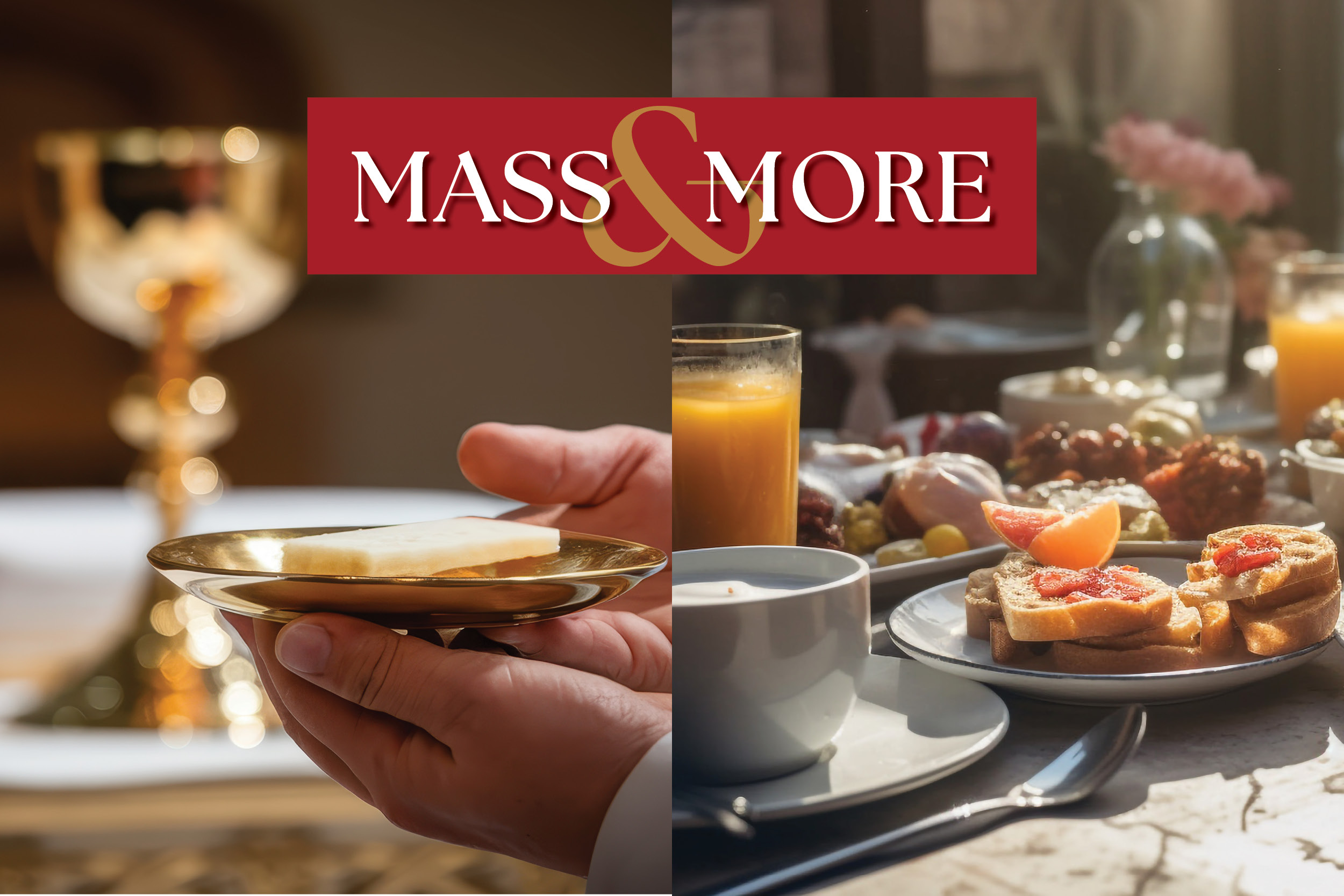 Hands holding a cup and saucer over a table of pastries and juice, with a blurred restaurant backdrop and a red MASS & MORE banner across the center