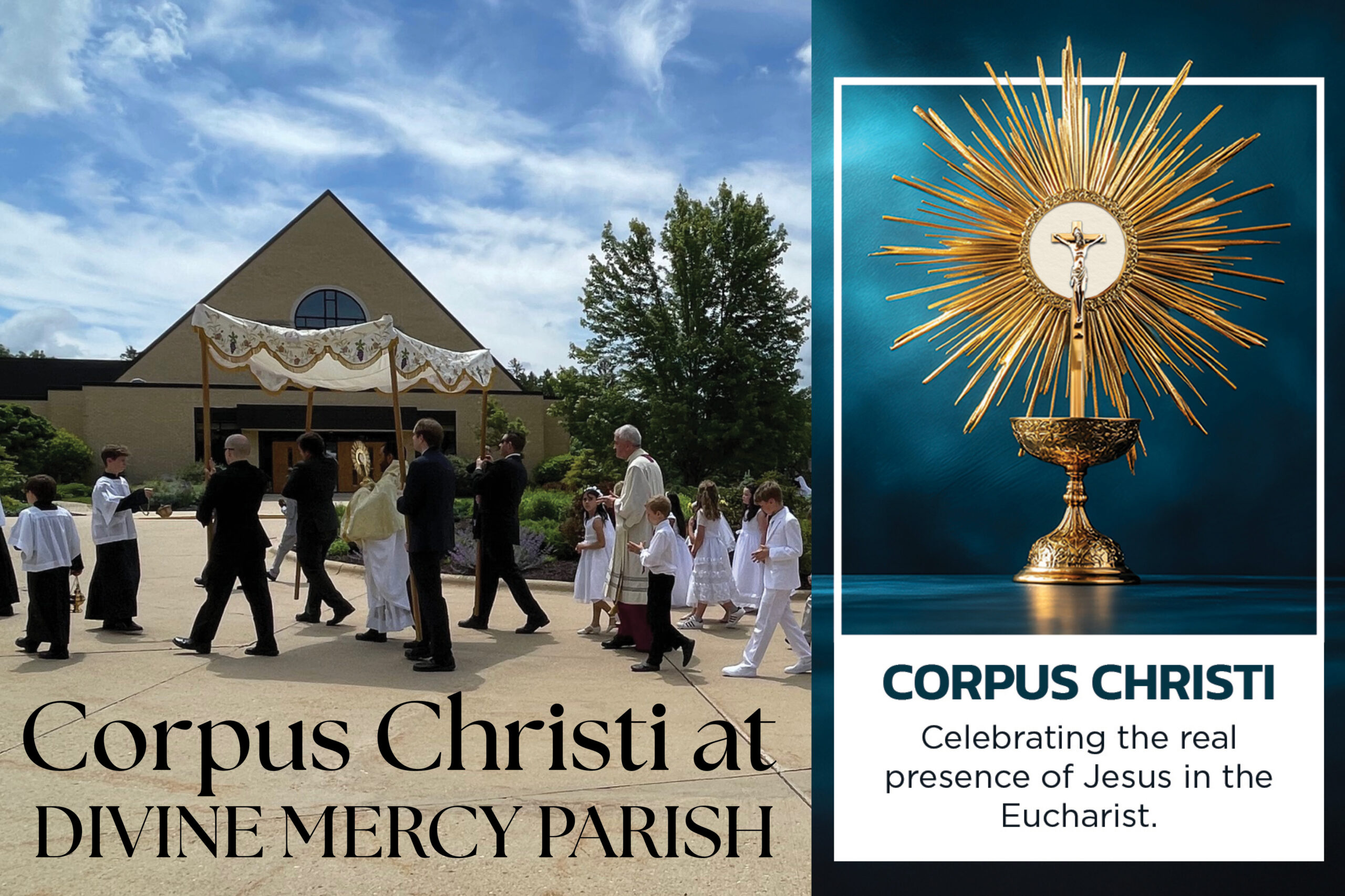 Religious procession outside a beige church with people in formal attire, under a decorative canopy; right panel shows a gold monstrance.