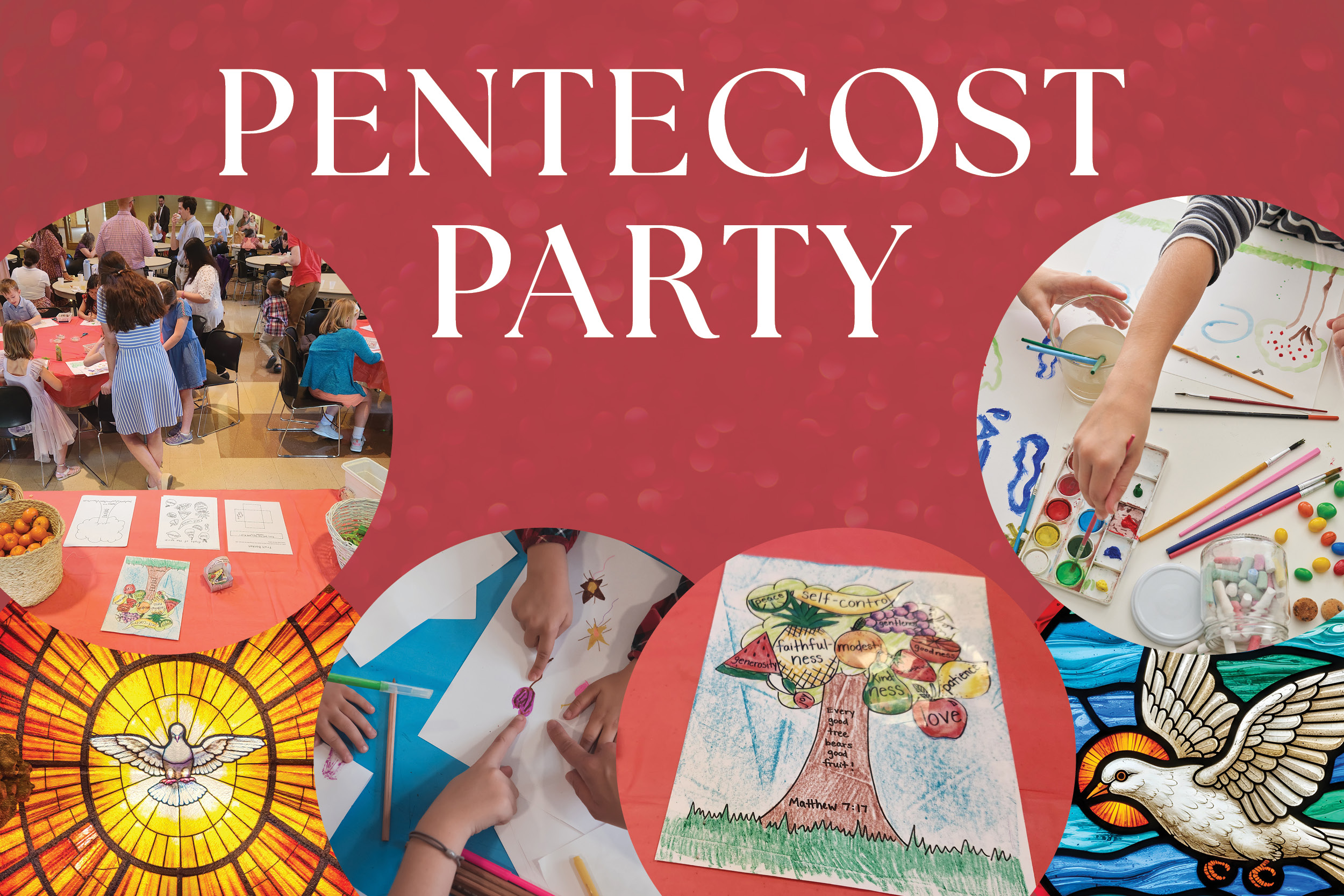 Banner for a Pentecost Party showing kids painting and people gathered at a community event