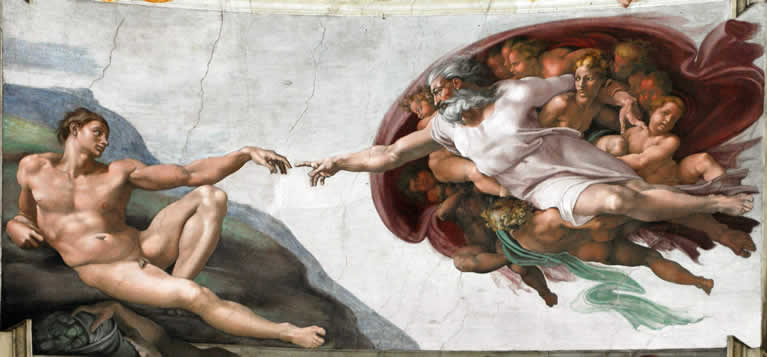 Detail from Michelangelo’s The Creation of Adam: God reaching toward Adam’s outstretched hand as they nearly touch fingers on the Sistine Chapel ceiling.
