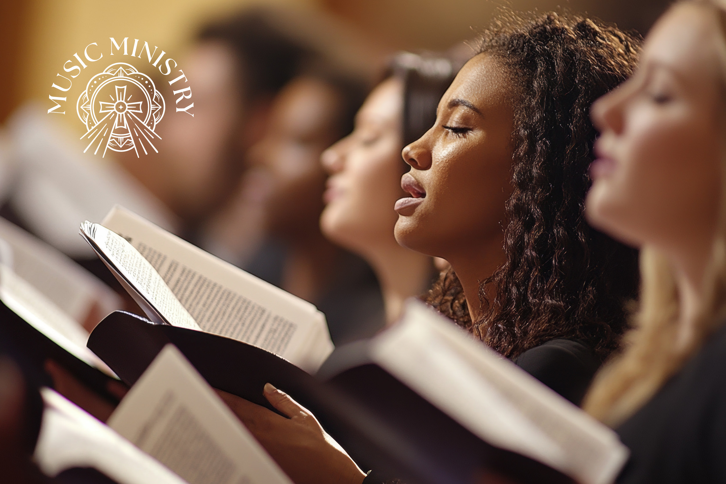 Close-up of a young woman singing from a hymn book in a choir, with a blurred background and a Music Ministry logo visible on the left.
