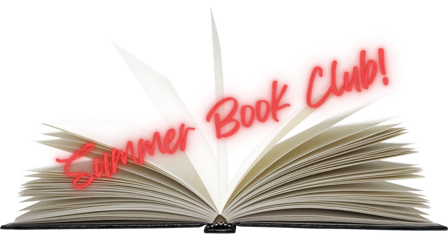 Open book with fanned pages and bright red script text reading 'Summer Book Club!' across it.