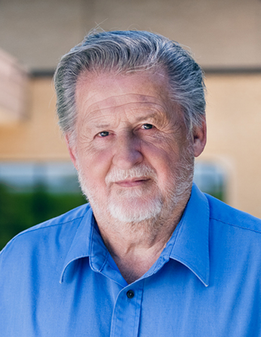 Older man with gray hair and beard wearing a blue button-down shirt, looking at the camera outdoors.