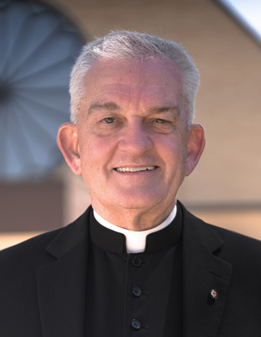 Smiling senior priest in a black clerical suit with a white collar, outdoors with a blurred background.