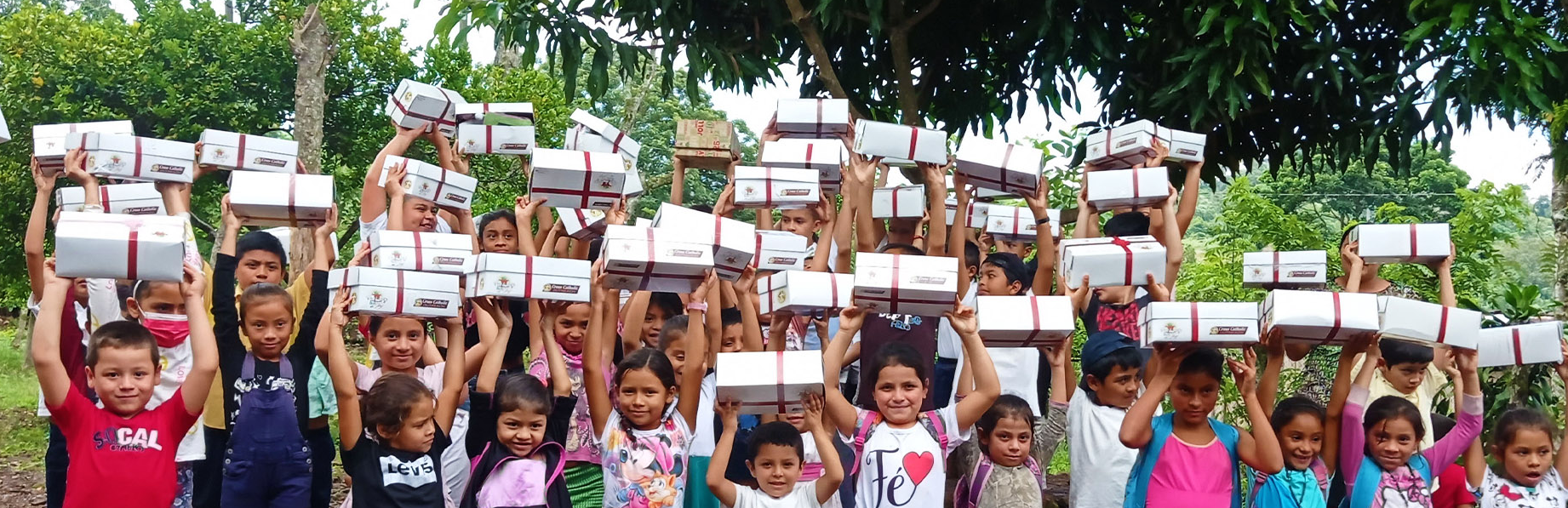 Group of smiling children outdoors raising white gift boxes with red ribbons above their heads amid green trees and plants, celebrating a donation event.