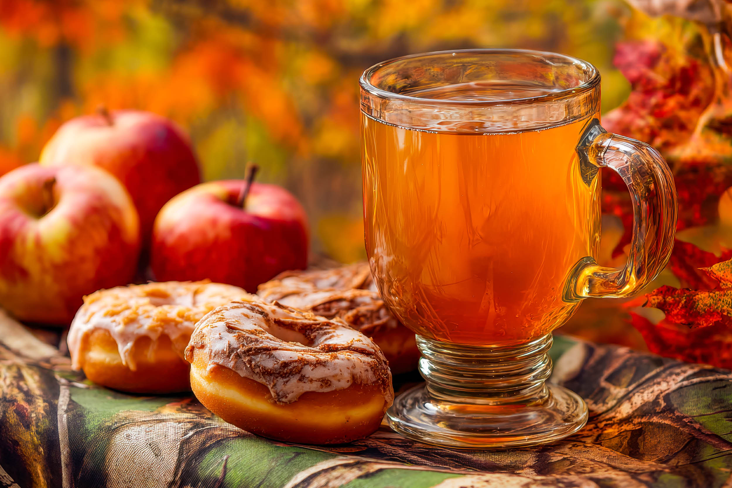 Close-up of a clear glass mug filled with orange drink on a rustic table, with apples and autumn leaves in the background fall scene.