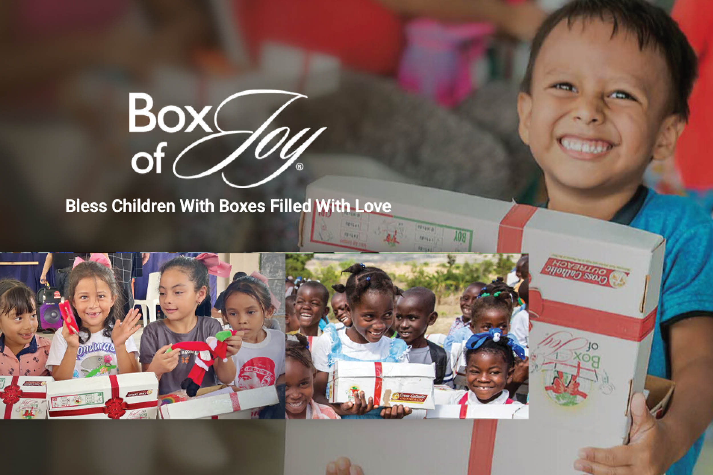 Smiling child holding a large gift box for the Box of Joy charity, with the logo and slogan nearby