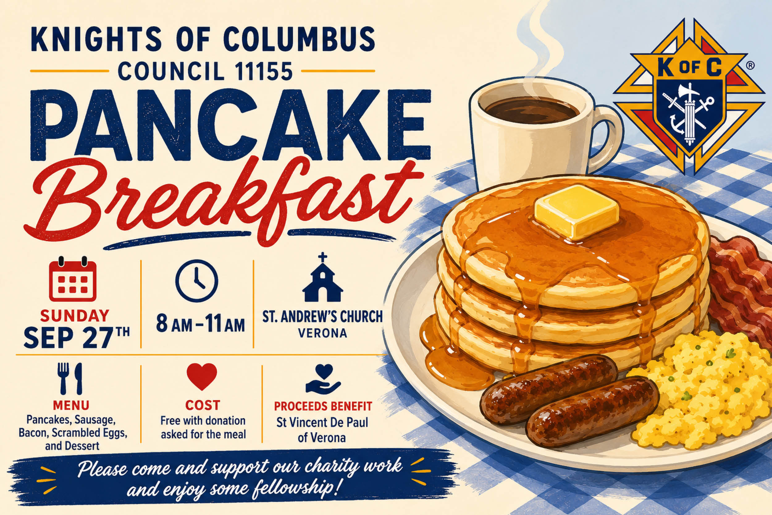 Poster for a Knights of Columbus pancake breakfast featuring a stack of syrupy pancakes, a coffee cup, and the KC emblem with event details (date, time, venue).