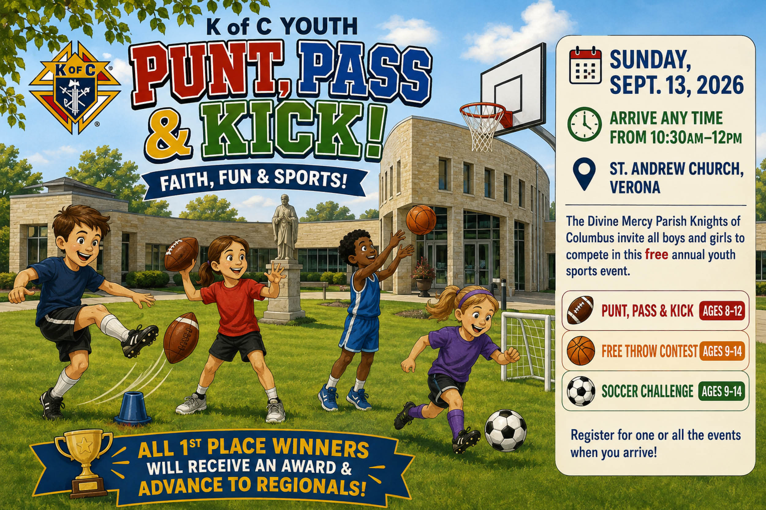 Youth sports poster showing kids playing basketball on a sunny campus with a large 'Punt, Pass & Kick' headline and a right-side event panel with date and location.