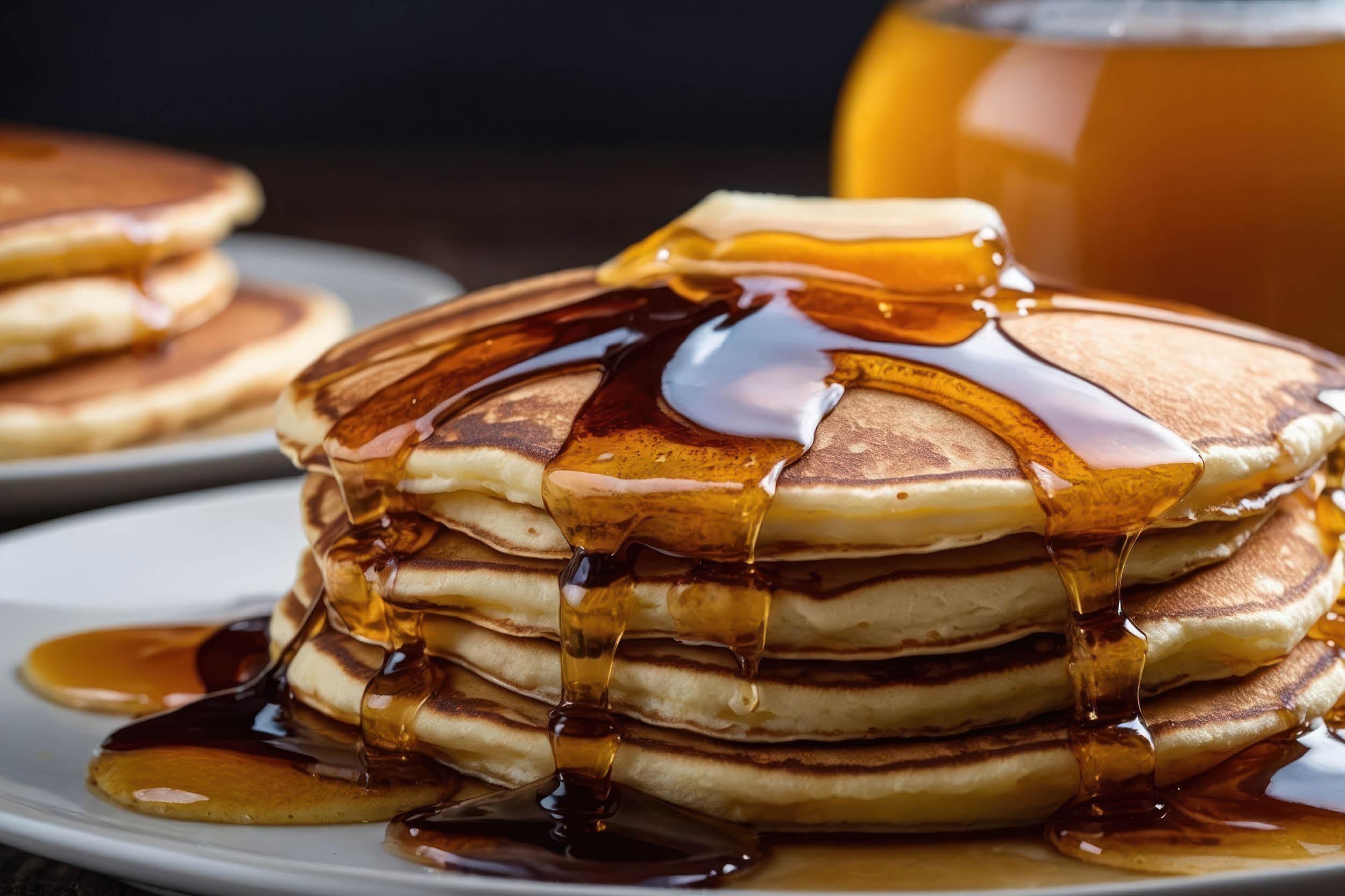 Stack of fluffy pancakes stacked on a plate, generously drenched in maple syrup.